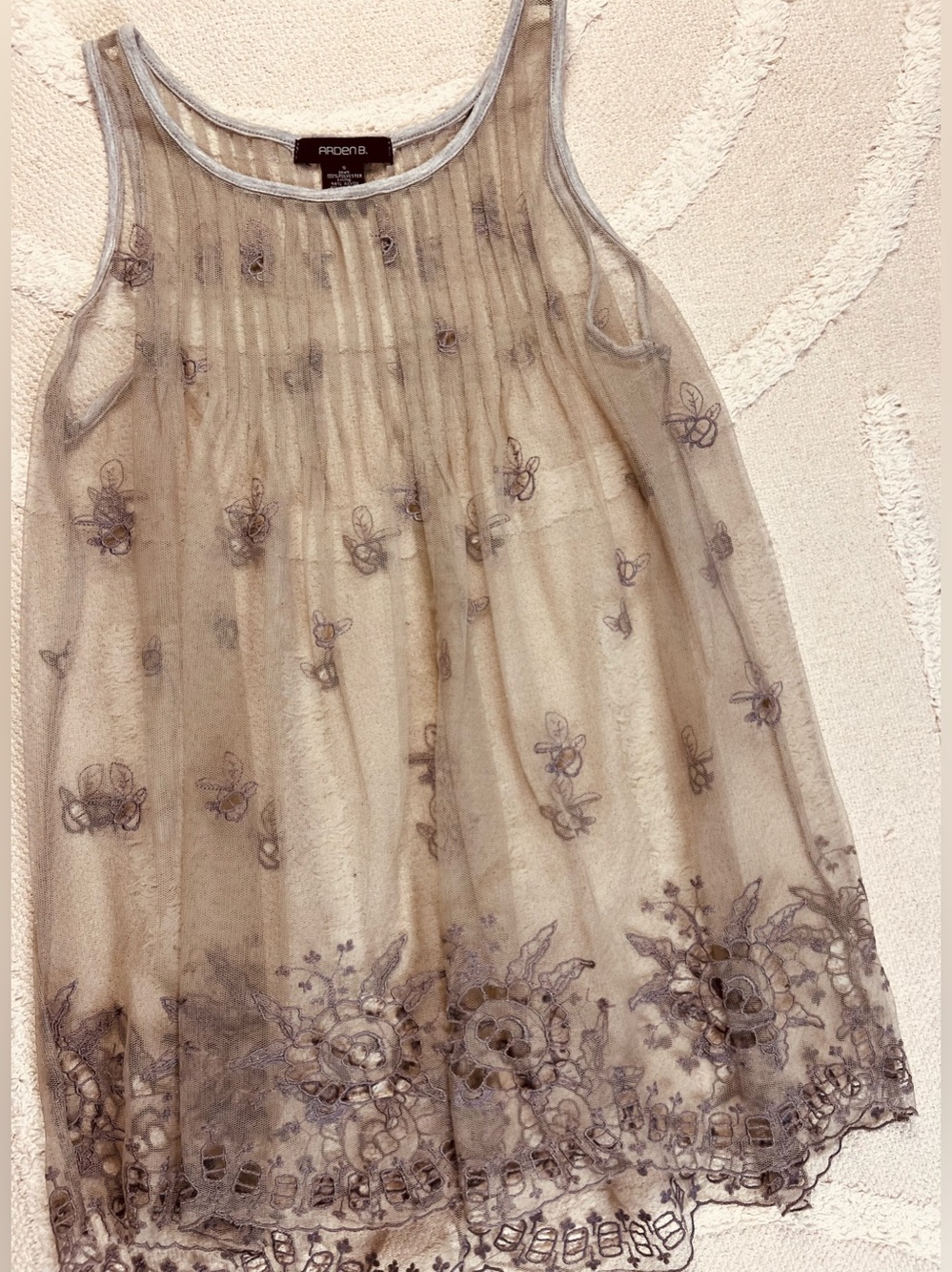 Vintage Y2K Arden B Sheer Mesh Embroidered Blouse – Floral Pleated Top – Small